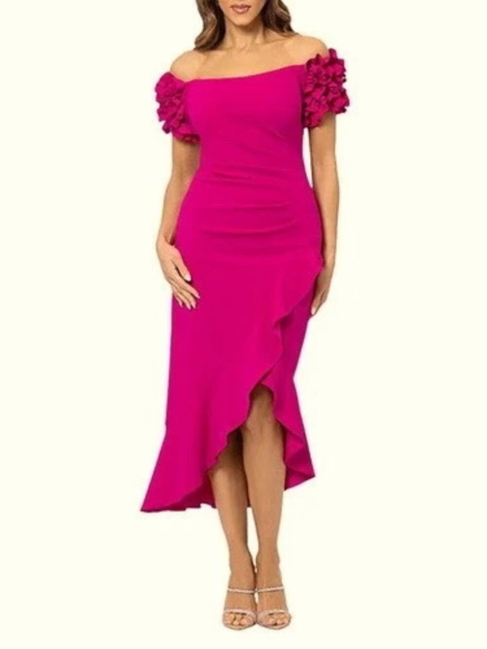 Xscape New Fuchsia Ruffle Off the Shoulder Midi Cocktail Dress